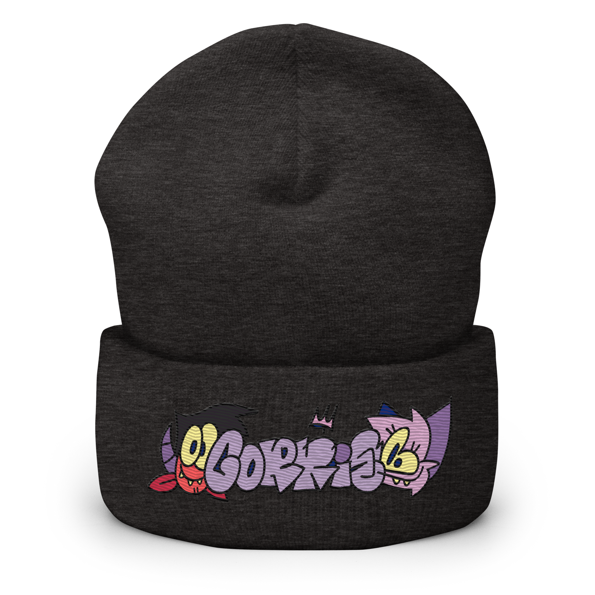 graffiti throwie beanie by indie street wear brand CORKiE, with two graff characters either side of the throwie.