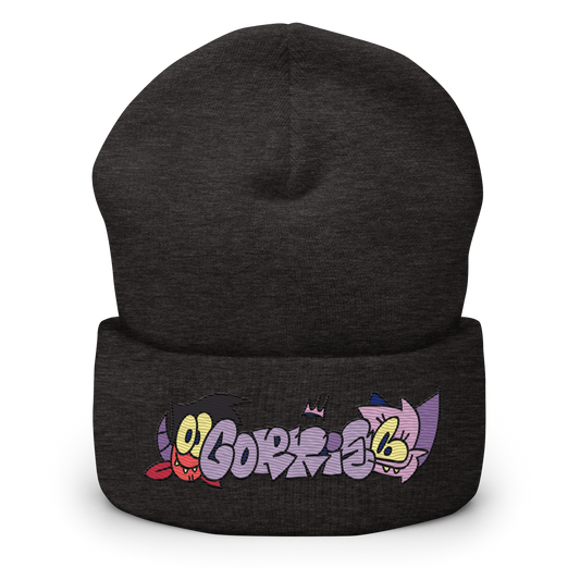 graffiti throwie beanie by indie street wear brand CORKiE, with two graff characters either side of the throwie.