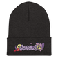 graffiti throwie beanie by indie street wear brand CORKiE, with two graff characters either side of the throwie.