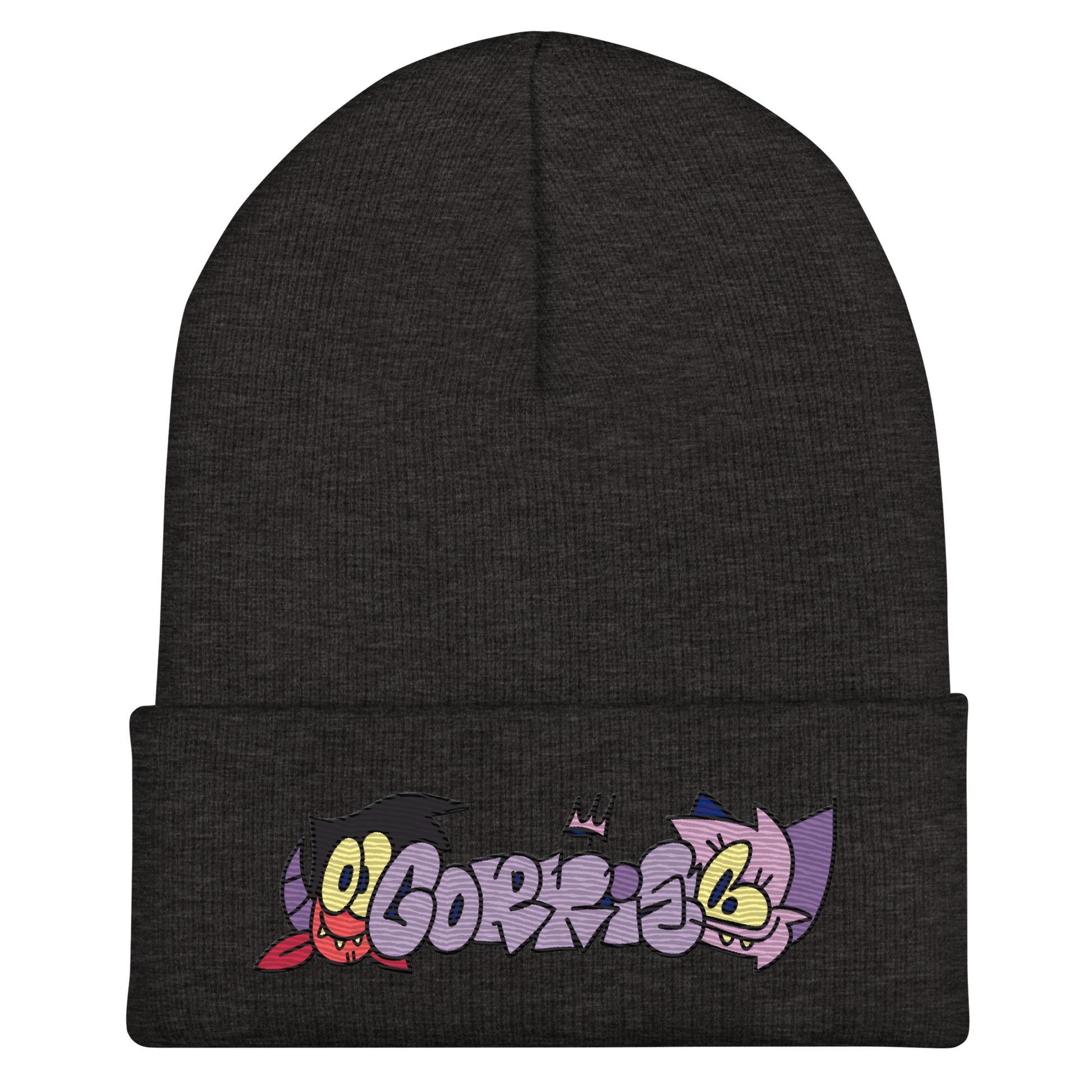 graffiti throwie beanie by indie street wear brand CORKiE, with two graff characters either side of the throwie.