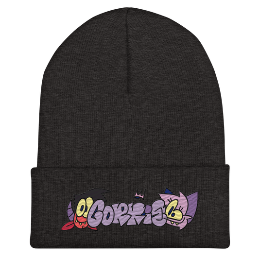 graffiti throwie beanie by indie street wear brand CORKiE, with two graff characters either side of the throwie.
