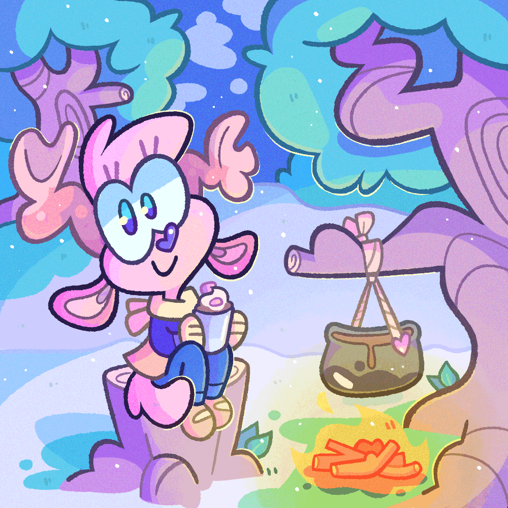 Digital illustration of a cute cartoons deer character holding a warm drink in a snowy environment. Drawn in a cartoon art style with pastel colors by artist CORKiE