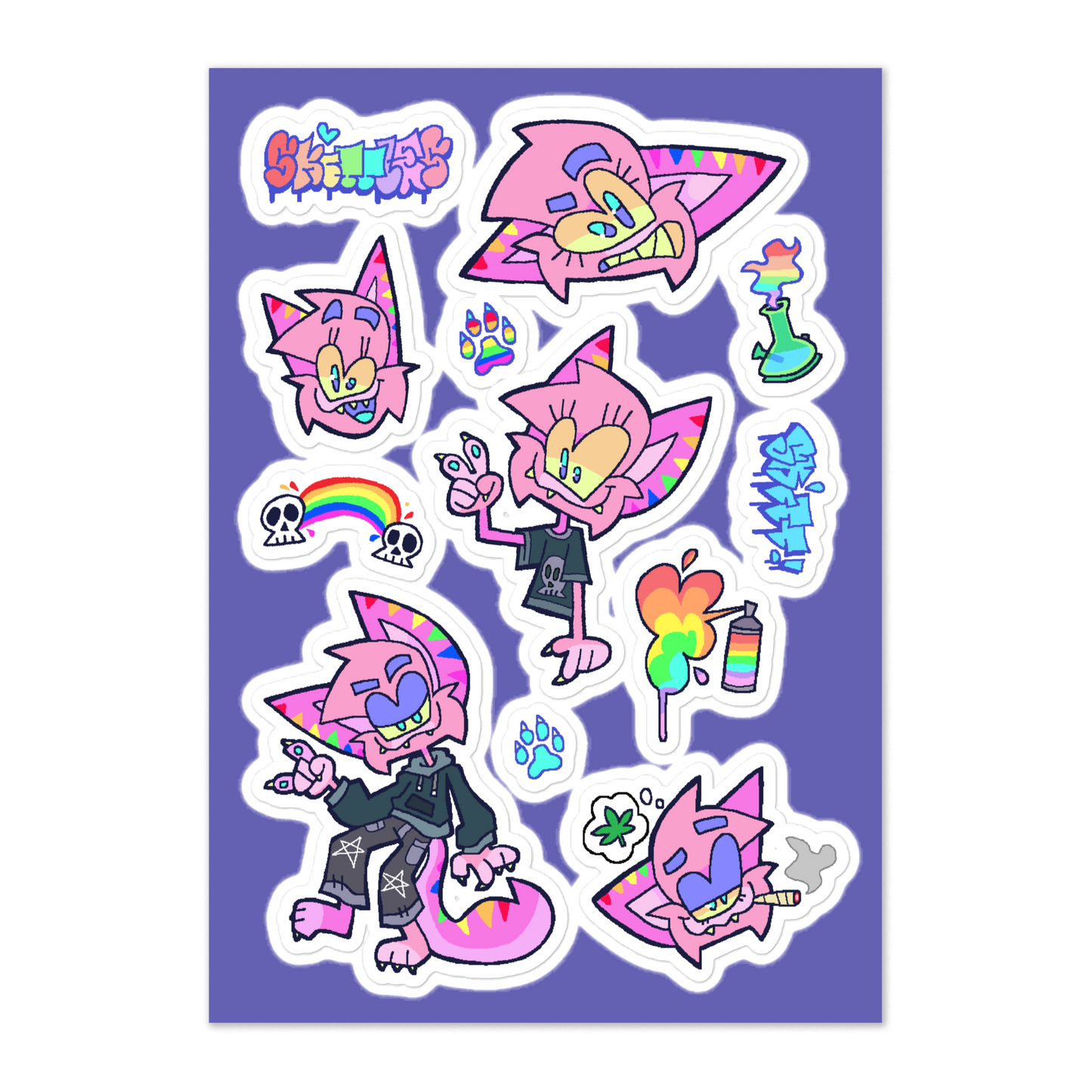 sticker sheet featuring a cartoon rainbow furry character