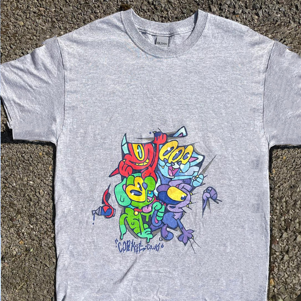 CORKiE indie streetwear brand shirt, featuring four graffiti style mascot characters