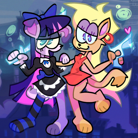 Digital fanart of the anime 'Panty and Stockings with Garterbelt' reimagined as furry anthro characters. Drawn by artist CORKiE
