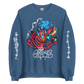 street wear graffiti sweat shirt in blue with a red evil character on it. created by street artist CORKiE