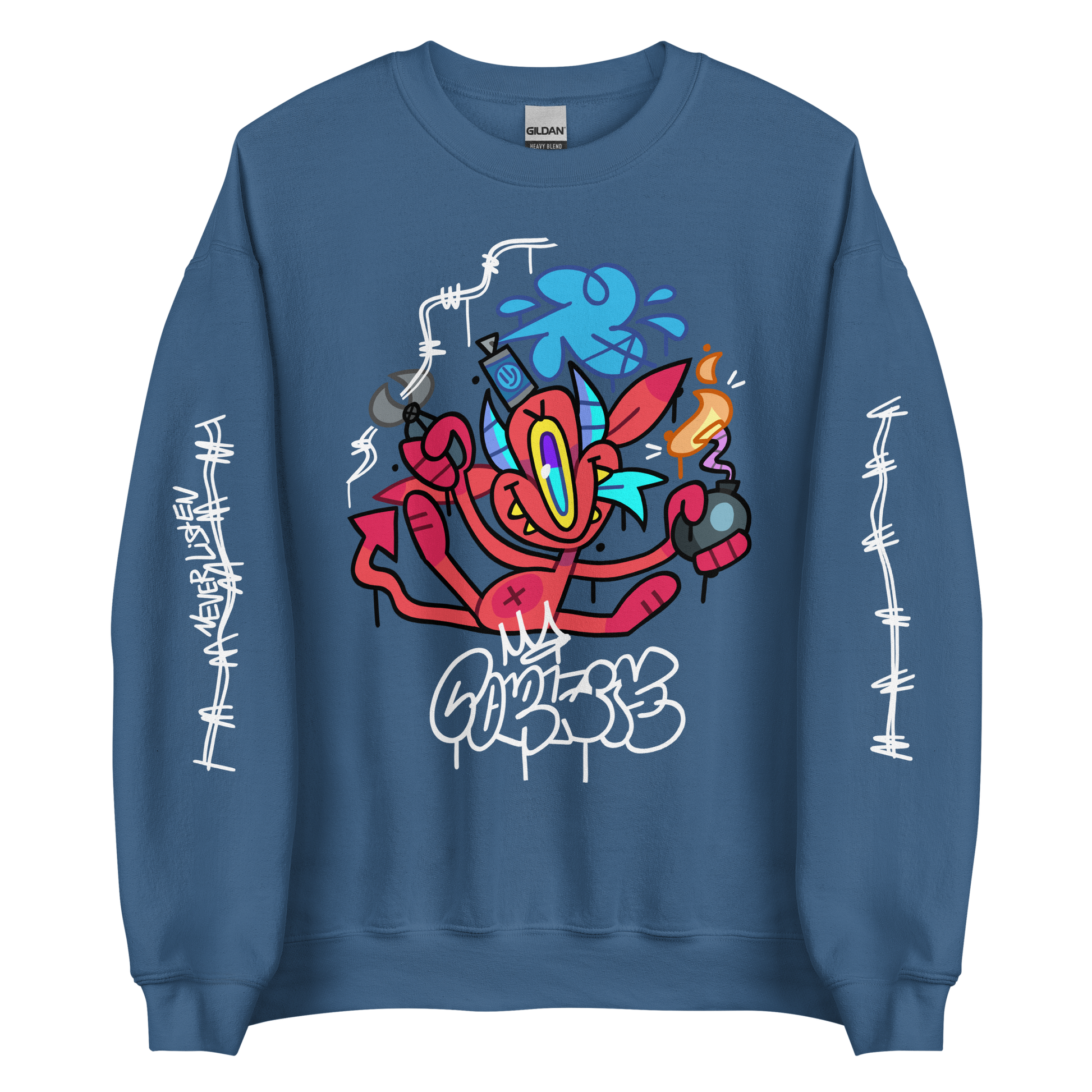 street wear graffiti sweat shirt in blue with a red evil character on it. created by street artist CORKiE