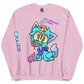 cute pink sweat shirt design with a cat character eating pizza, cookies and ice cream. captioned 'eat everything forever' designed by indie street wear brand CORKiE