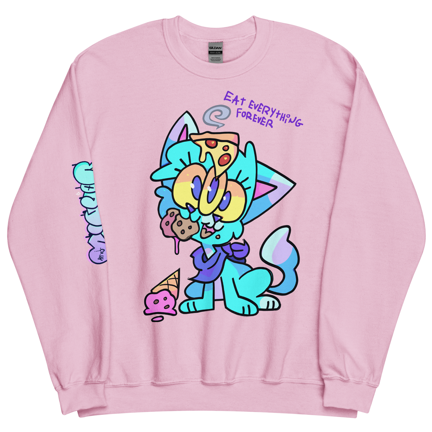 cute pink sweat shirt design with a cat character eating pizza, cookies and ice cream. captioned 'eat everything forever' designed by indie street wear brand CORKiE