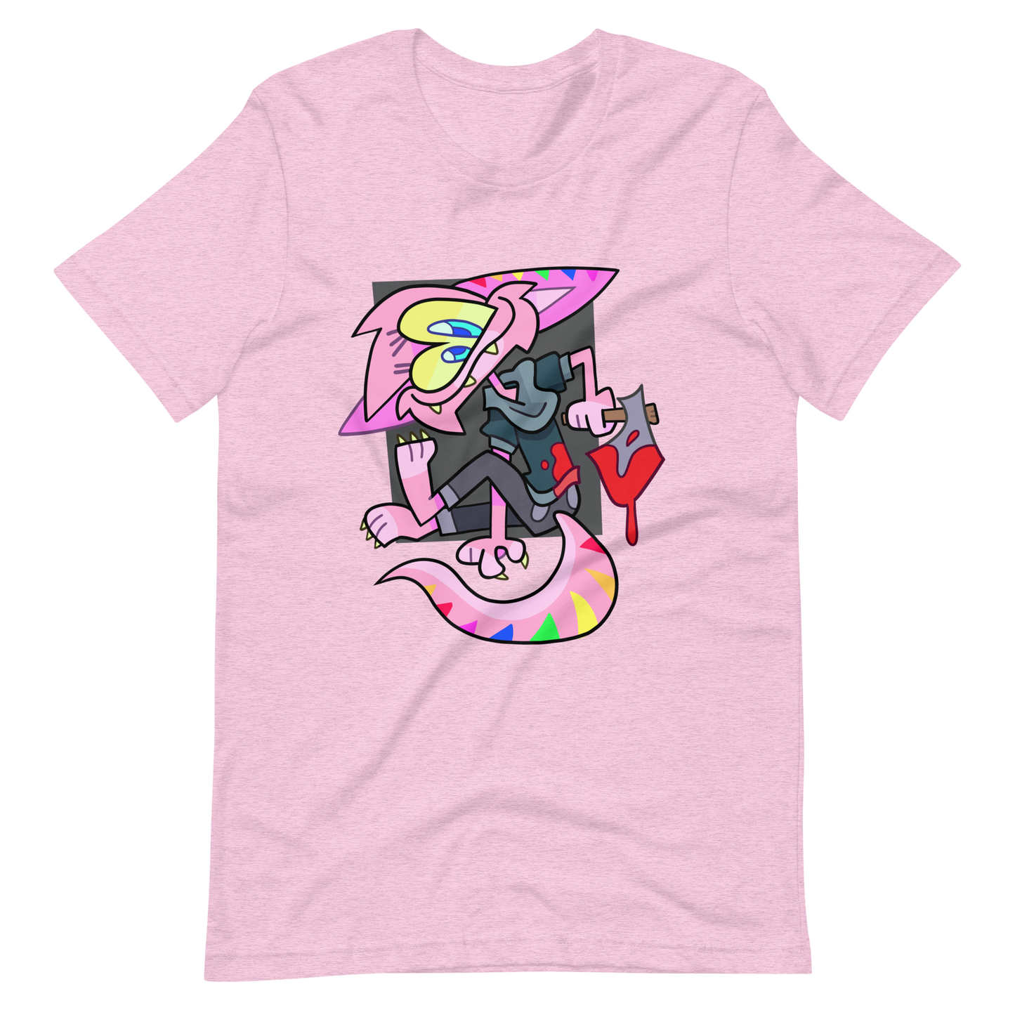 Furry fandom t shirt, by Brighton street artist CORKiE. Light pink with a weird rainbow coloured character.